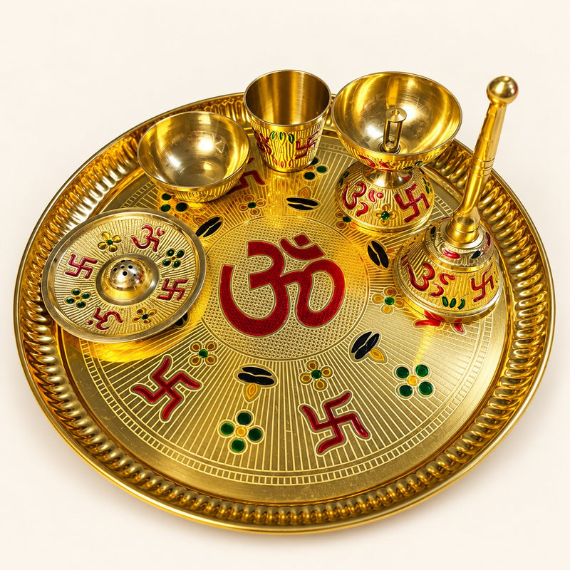 Om and Swastika Gold-Tone Puja Thali Set