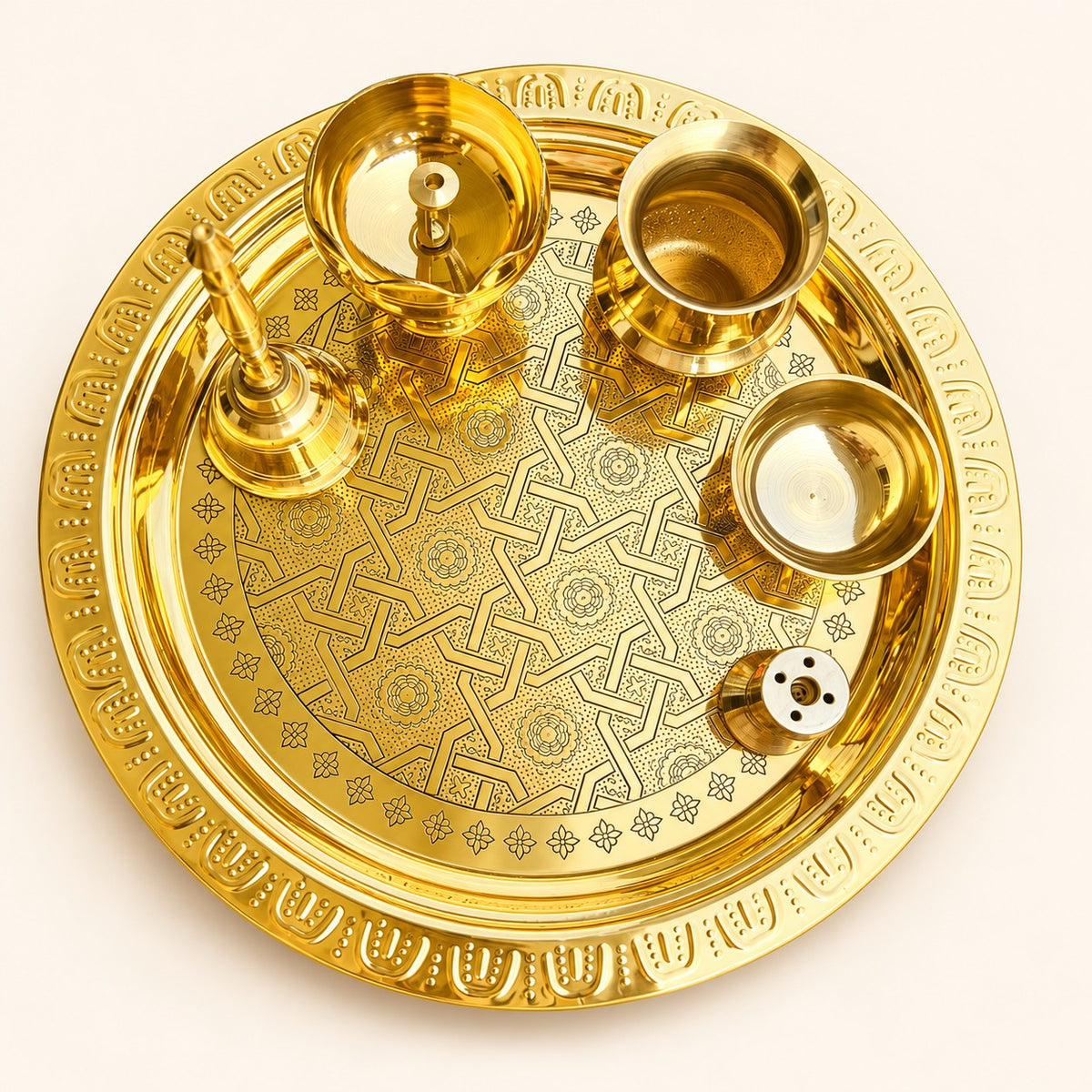 Engraved Yantra Gold-Tone Puja Thali Set — product view 42