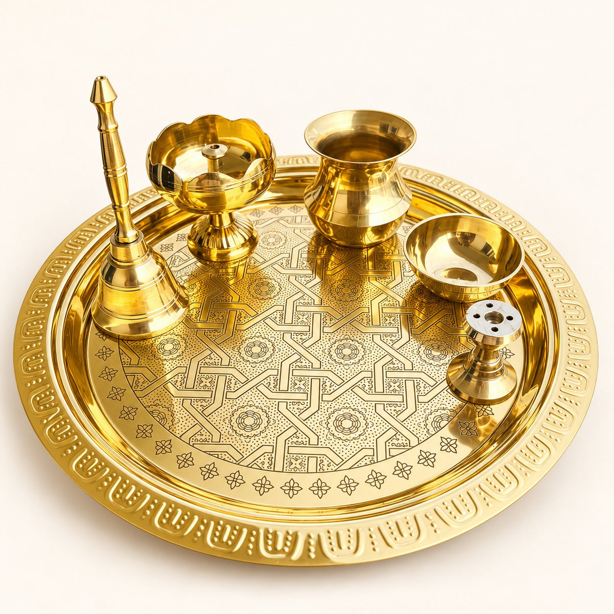 Engraved Yantra Gold-Tone Puja Thali Set — product view 43