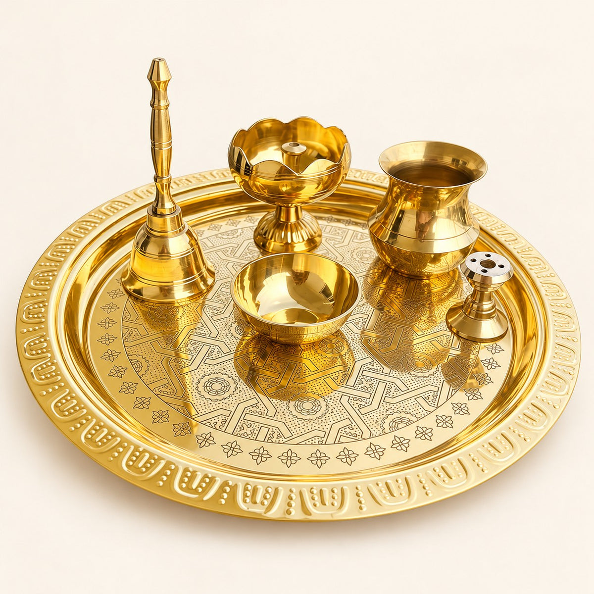 Engraved Yantra Gold-Tone Puja Thali Set — product view 44