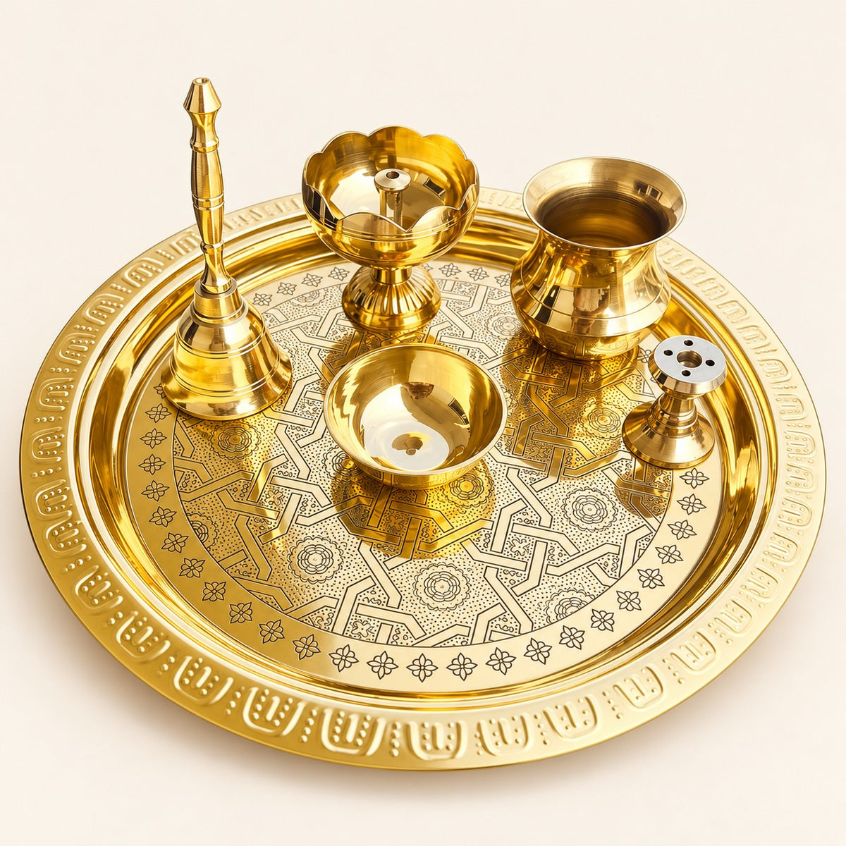 Engraved Yantra Gold-Tone Puja Thali Set — product view 45