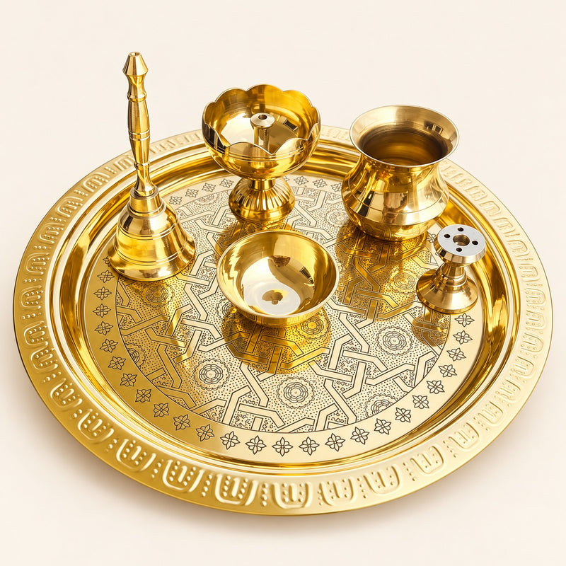Engraved Yantra Gold-Tone Puja Thali Set
